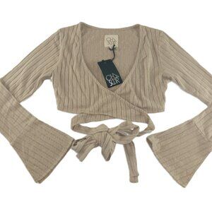 Chaser Women's Cropped Wrap Front Sweater Size Small Ribbed Knit Flared Sleeves